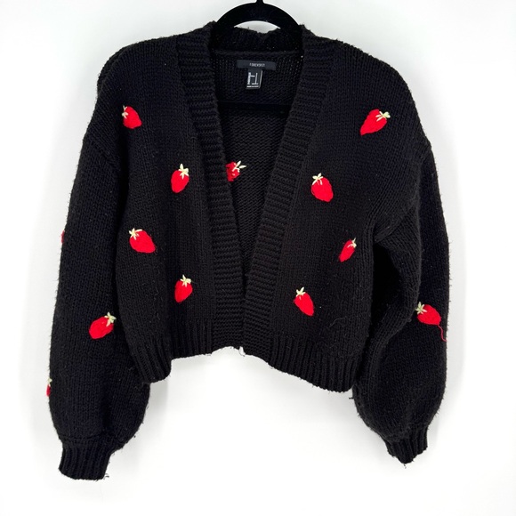 Forever 21 Black Cardigan with Red Strawberry Accents - Picture 1 of 6